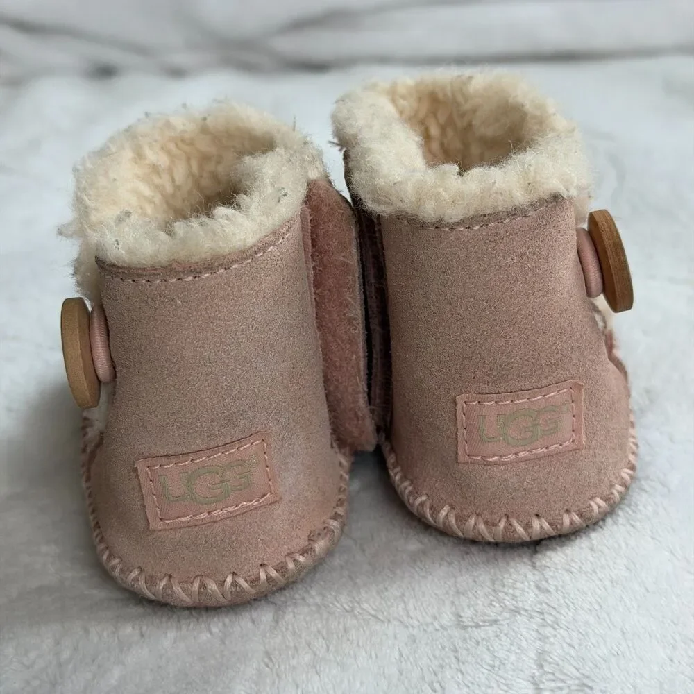 UGG Size 0/1 Lemmon Infant‎ Girl Baby Pink Suede & Sheepskin Bootie (0-6 Months)